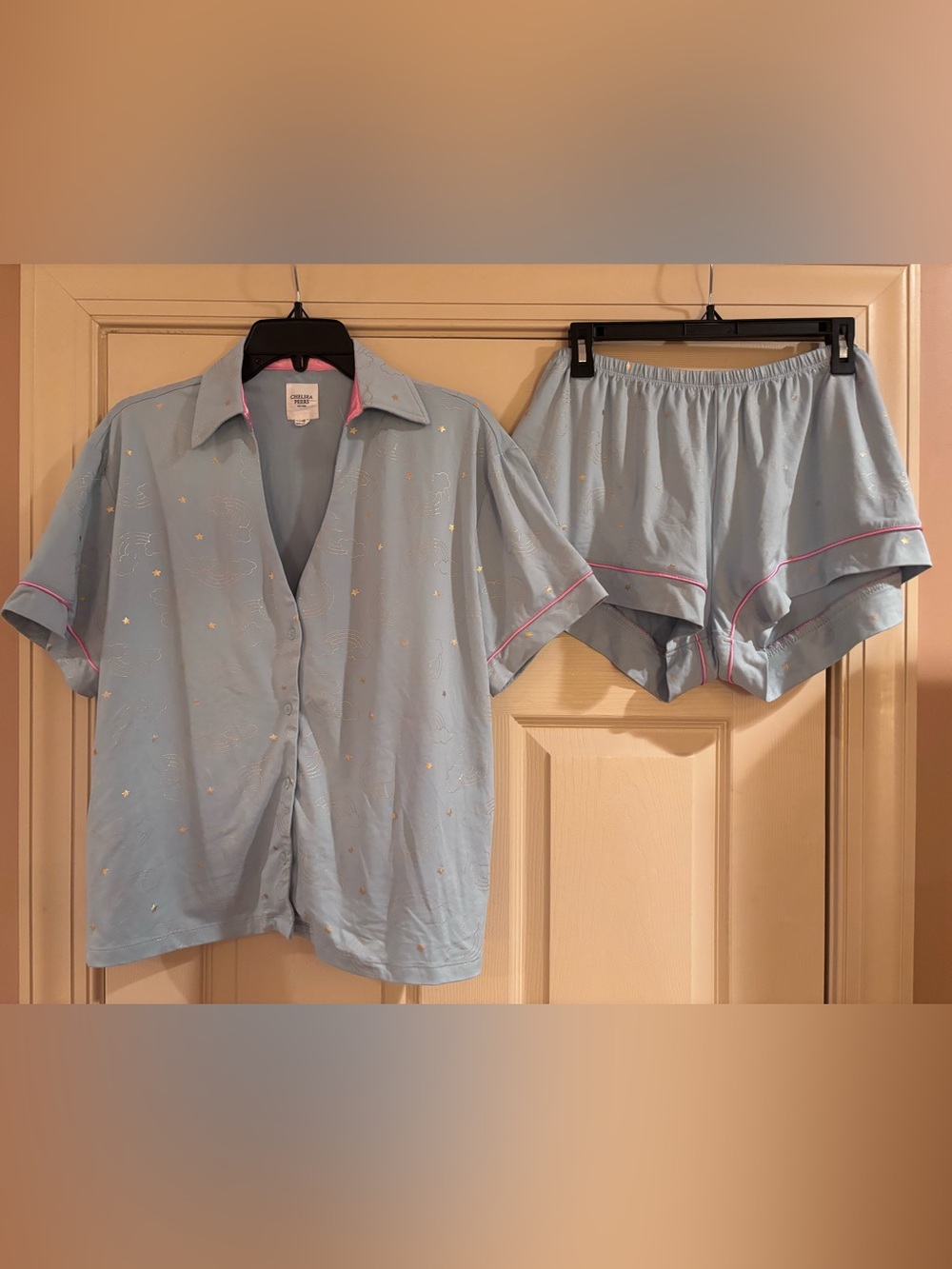Light Blue Short Sleeve Button Pajama Set with Pink Trim